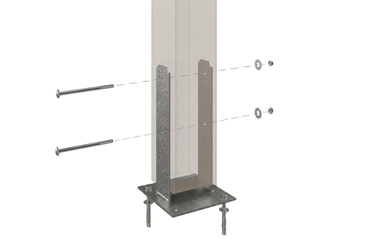 H-sloupový kotevní prvek na desce k přišroubování se sloupem a upevňovacím materiálem